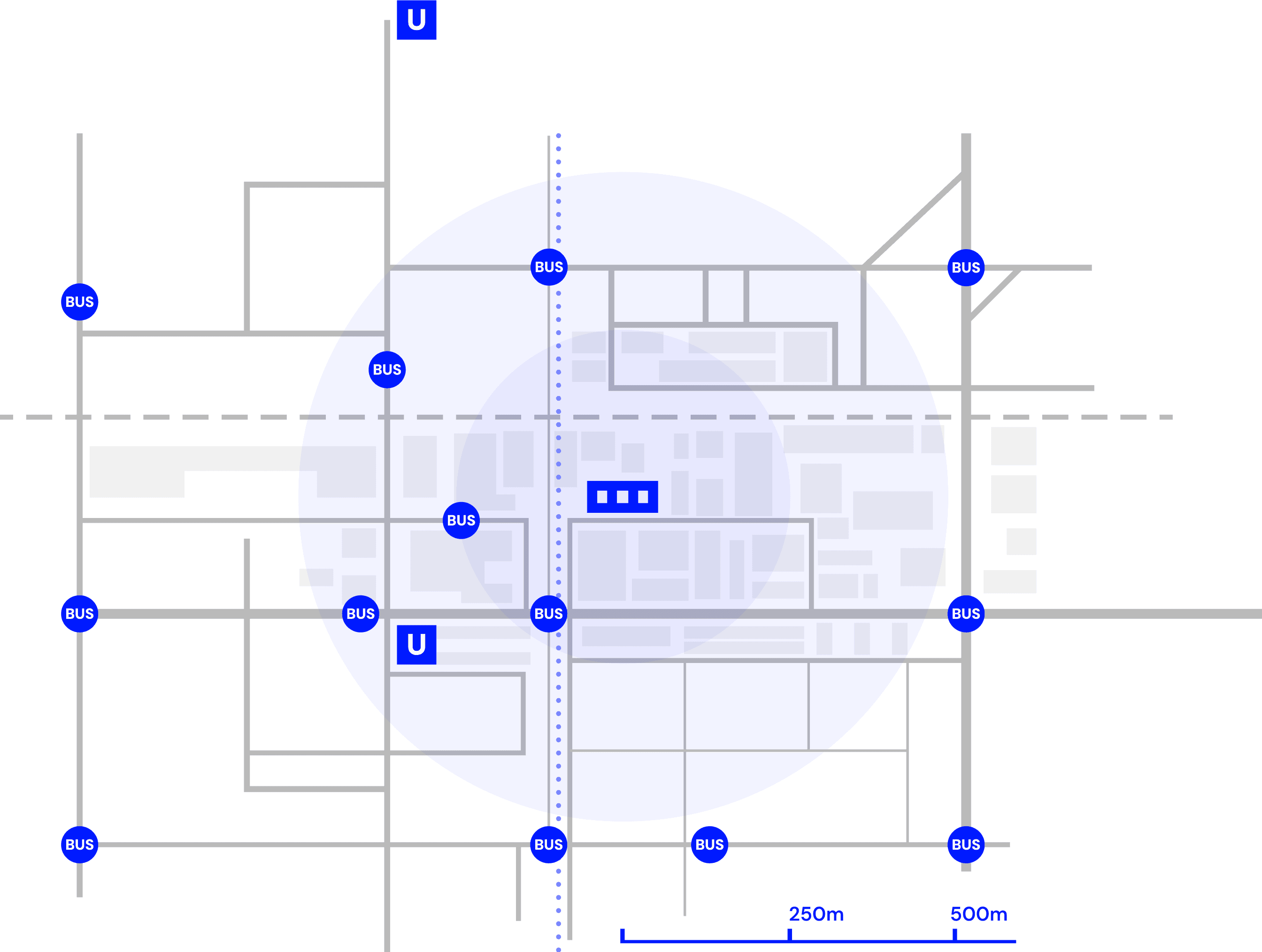 Umgebung der Neuen Siederei mit Bushaltestellen und U-Bahn-Anbindung in einem Radius von 250 bis 500 Metern.